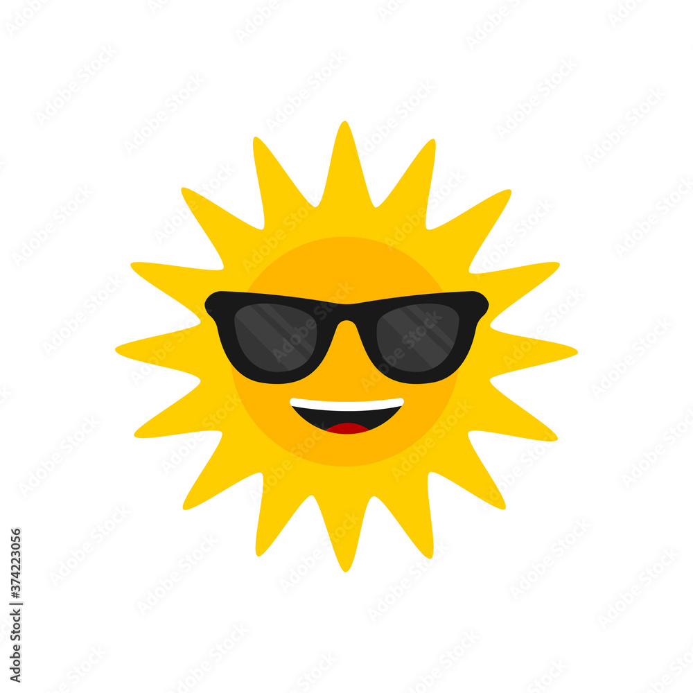 Sun with sunglasses. Cartoon smiling sun icon for weather design. Sunshine  symbol happy orange isolated sun vector illustration Stock Vector | Adobe  Stock