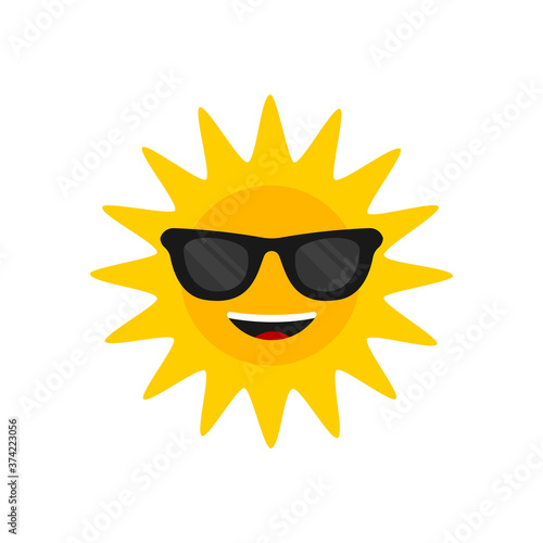 Sun with sunglasses. Cartoon smiling sun icon for weather design. Sunshine symbol happy orange isolated sun vector illustration