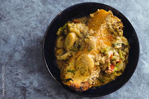 plant-based food, vegan roasted butternut squash slice with green curry vegetable stew
