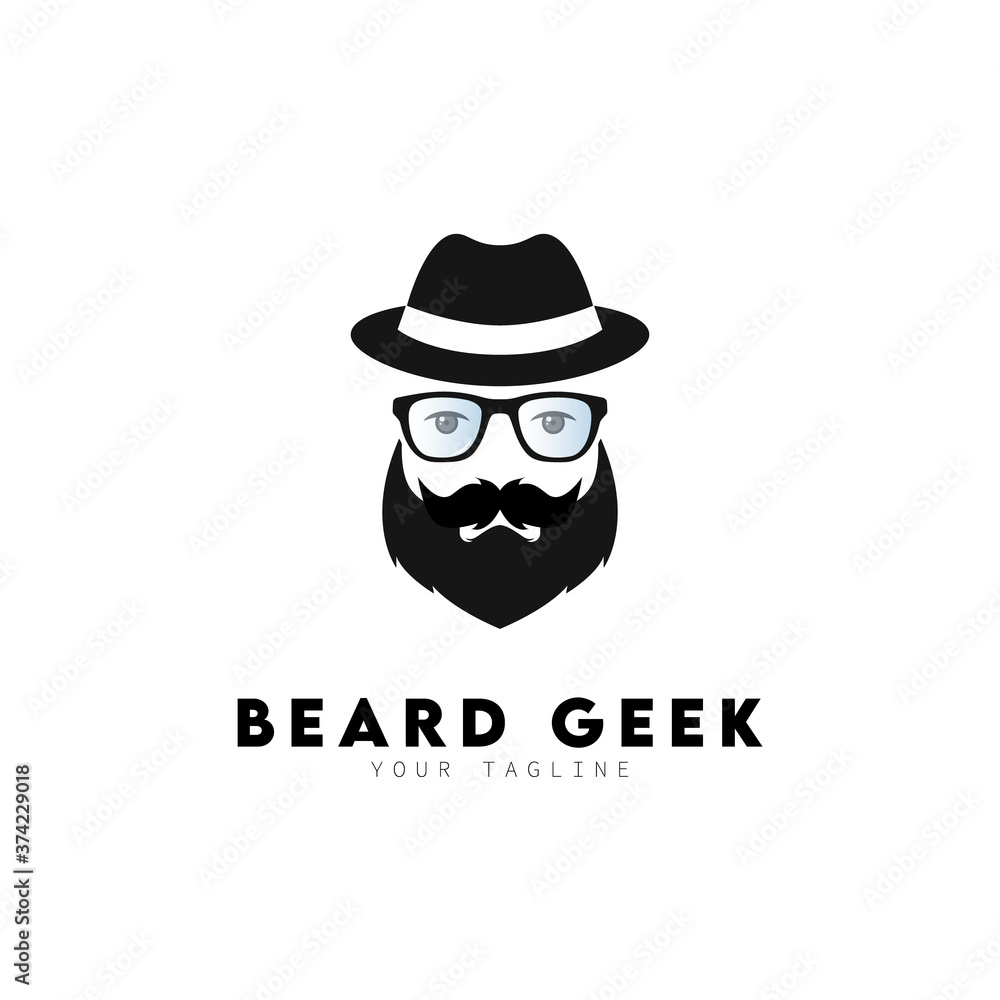 Beard Geek With Glasses And Hat Logo Design Symbol Template Flat Style Vector Illustration
