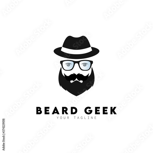 Beard Geek With Glasses And Hat Logo Design Symbol Template Flat Style Vector Illustration