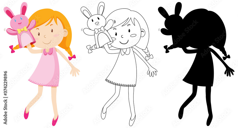 Girl playing with doll hand in colour and silhouette and outline Girl playing with doll hand in colour and silhouette and outline