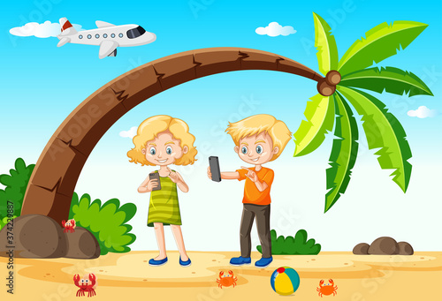 Kids using smart phone during travelling with beach and plane background