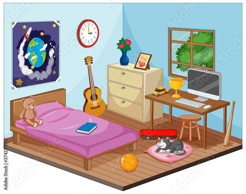 Part of bedroom of children scene in cartoon style