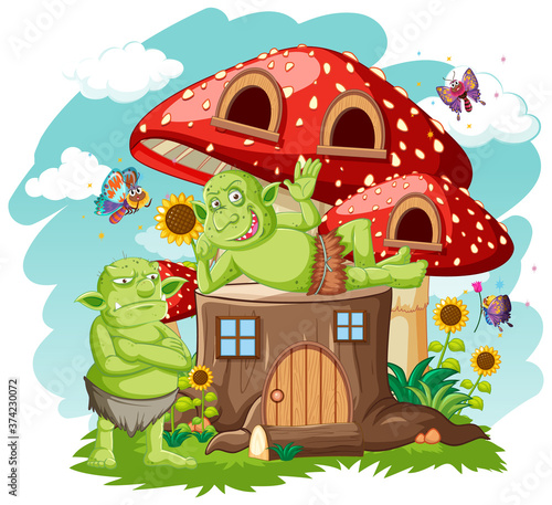 Gooblins or trolls with stump and mushroom house cartoon style on white background