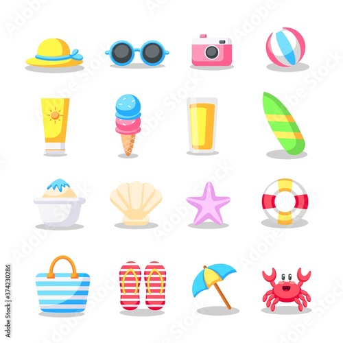 set of cute kawaii icon summer element