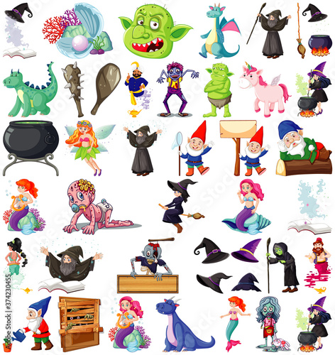 Set of fantasy cartoon characters and fantasy theme isolated on white background