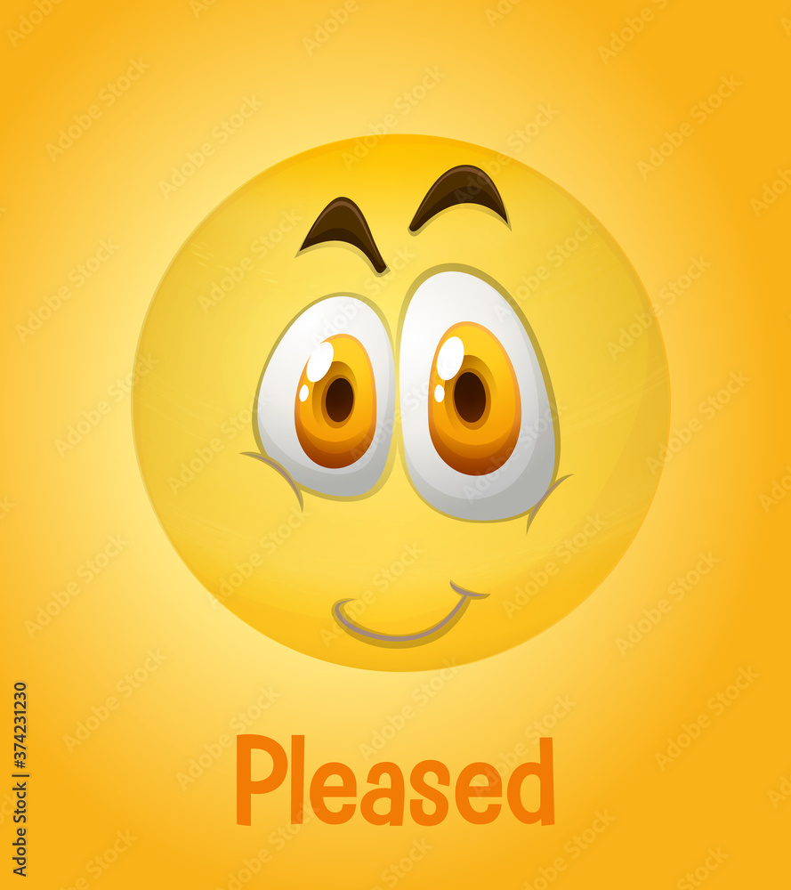 Fototapeta premium Pleased faces emoji with its description on yellow background