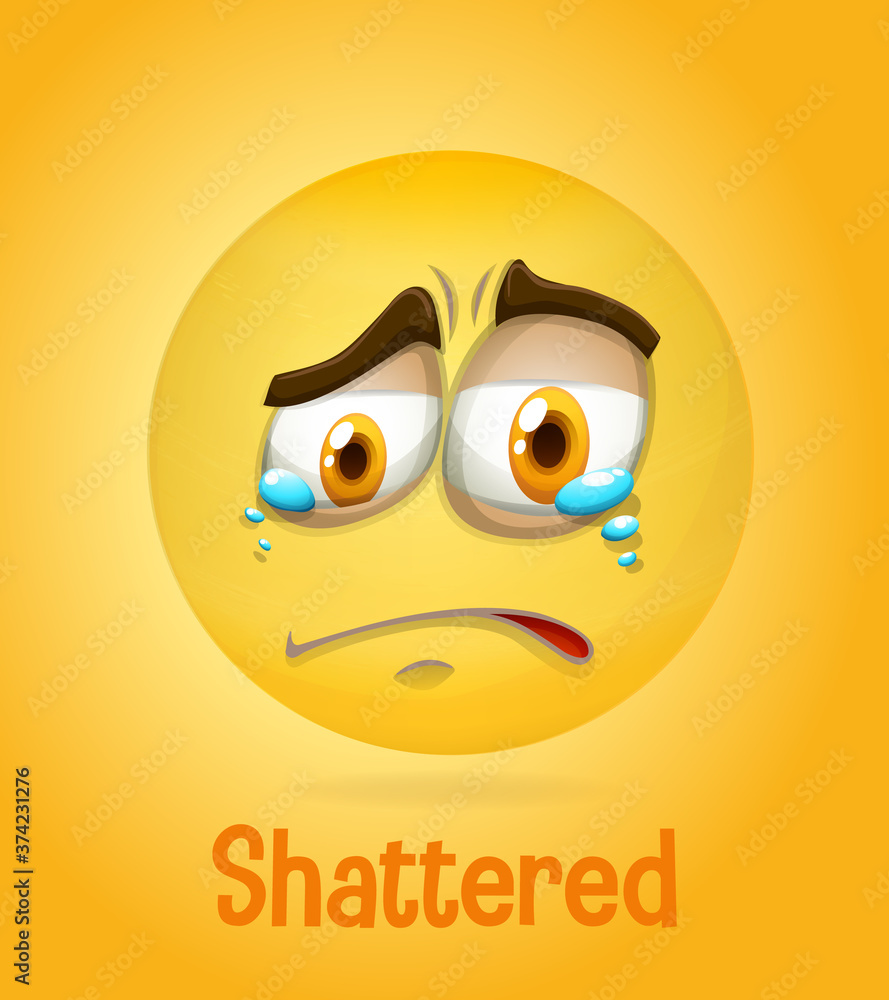 Shattered emotional yellow face with tired text on yellow background Shattered emotional yellow face with tired text on yellow background