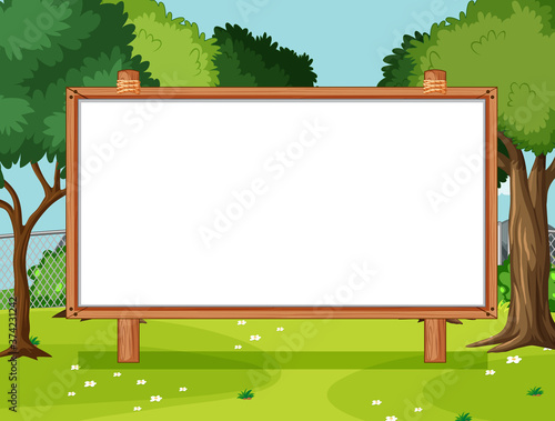 Blank wooden frame in nature park scene