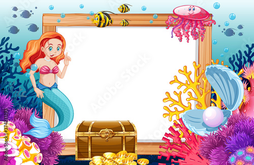 Mermaid and sea animal theme with blank banner cartoon style on under sea background