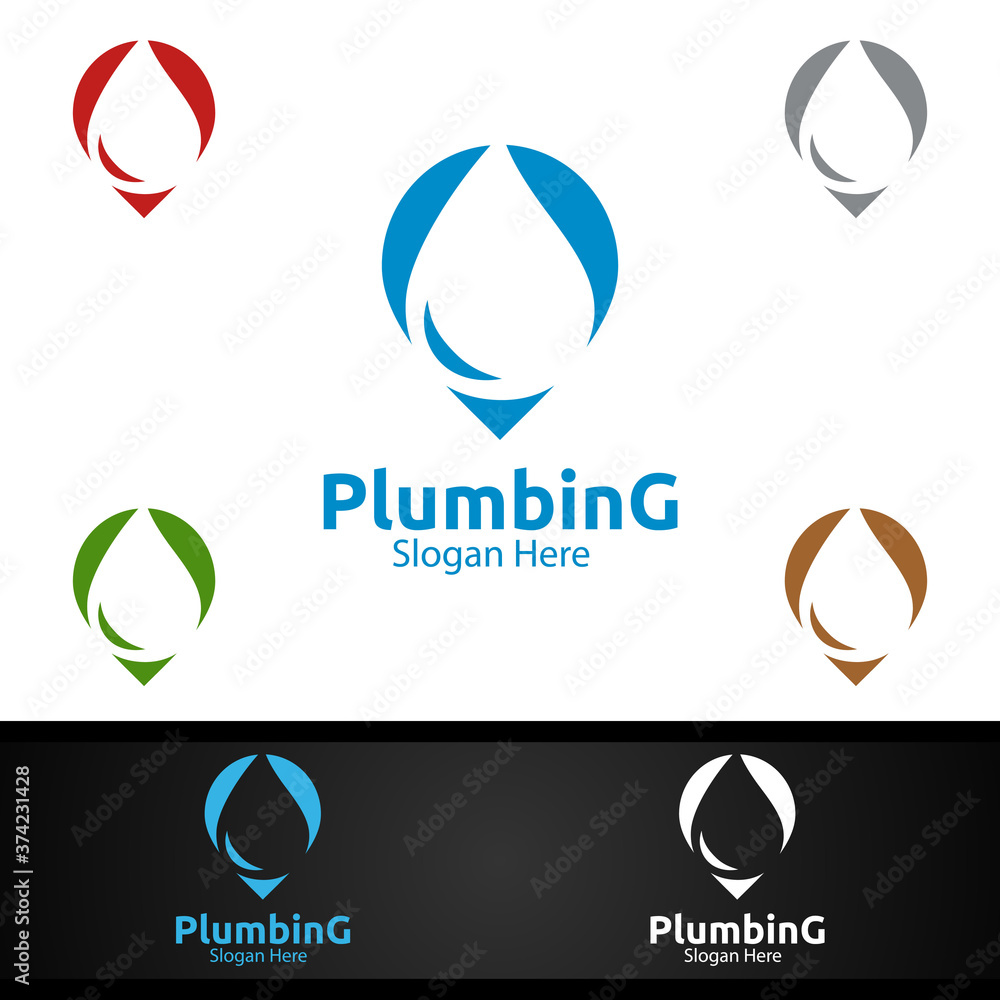 Pin Plumbing Logo with Water and Fix Home Concept Pin Plumbing Logo with Water and Fix Home Concept