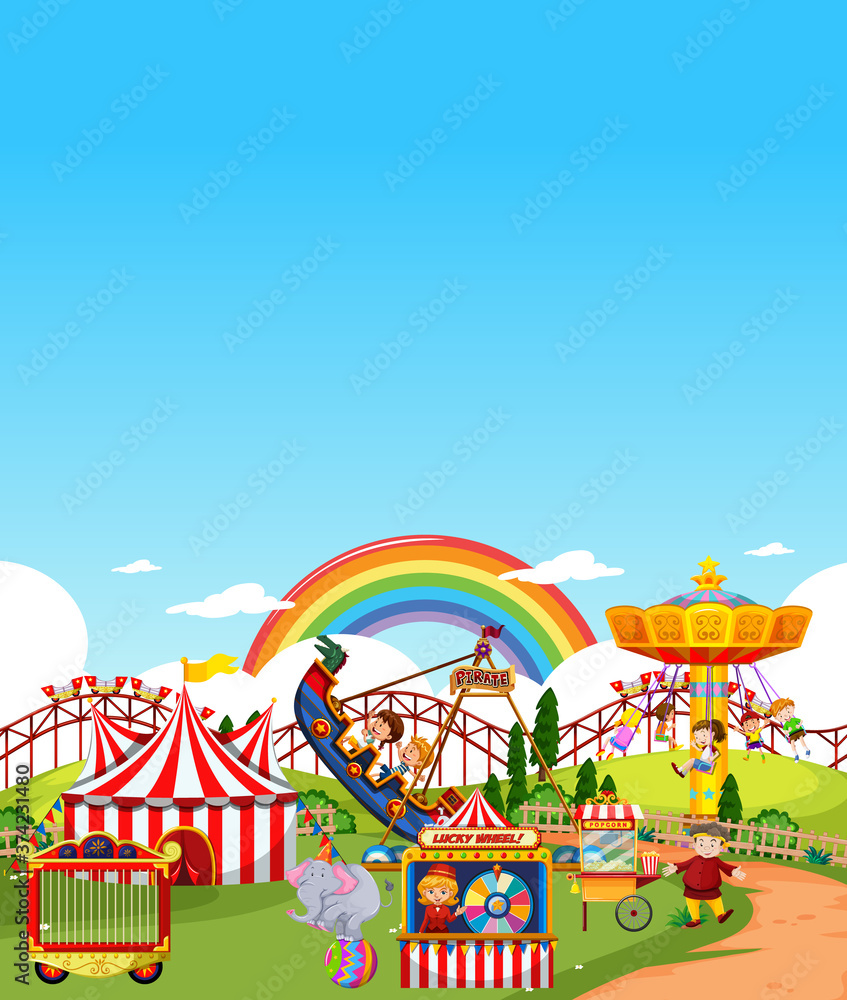 Amusement park scene at daytime with blank bright blue sky