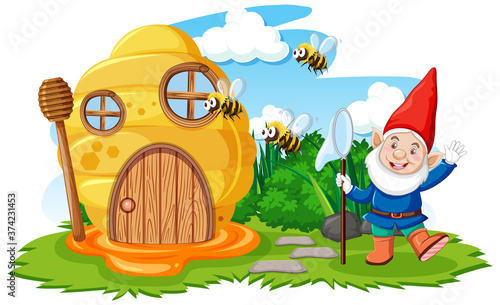 Gnomes and honeycomb house in the garden cartoon style on sky background