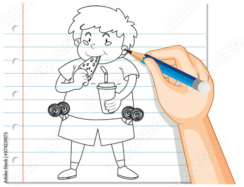 Hand writing of cute fat boy eating pizza outline