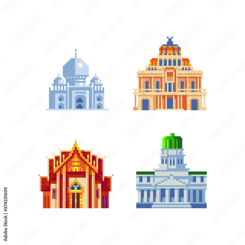 Architectural buildings pixel art icons. Cathedral orthodox church, landmark and famous tourist attractions. ancient monument. Design for stickers or magnets, logo, app. Vector illustration. 8-bit.