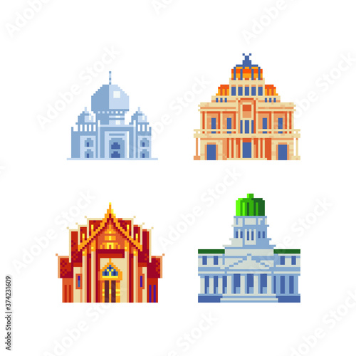 Architectural buildings pixel art icons. Cathedral orthodox church, landmark and famous tourist attractions. ancient monument. Design for stickers or magnets, logo, app. Vector illustration. 8-bit.