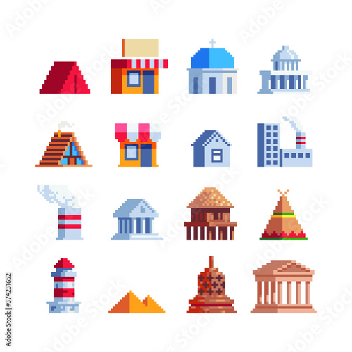 Buildings pixel art set world sights isolated vector illustration. Banner for the tourist tour famous monuments. Vacation time, trip. Tourist attraction landmark.  Design for stickers and logo
