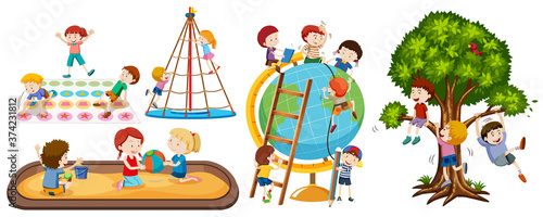 Set of different kid activities isolated on white background