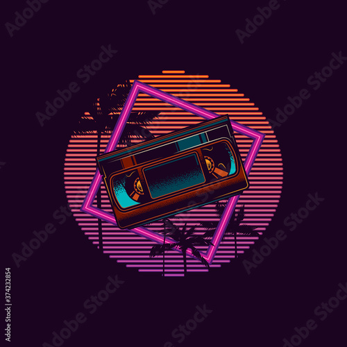 Original vector illustration in retro neon style of the 80's. Old VHS videotape in retro style the background of palm trees and neon sunset.