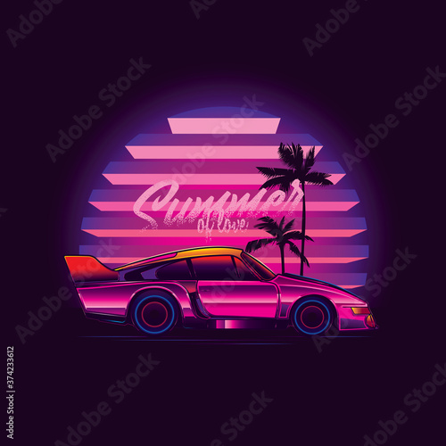 Original vector illustration in neon retro 80's style. Sports pink car on the background of the starry sky with sunset and palm trees