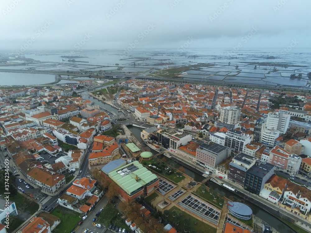 Naklejka premium Aveiro, beautiful village. The Venice of Portugal. Aerial Drone Photo