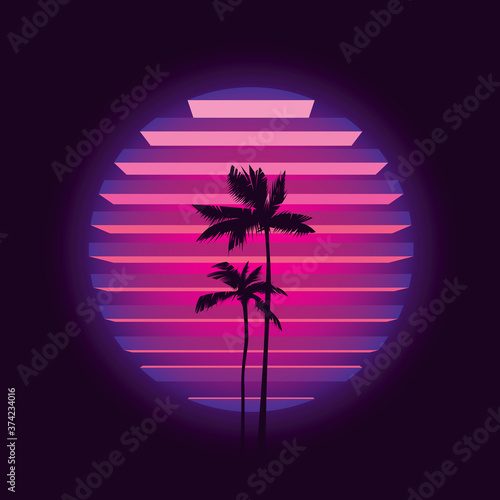 Original vector illustration in neon style. Palm trees on the background of a neon sunset in the retro style of the 80's. T-shirt design.