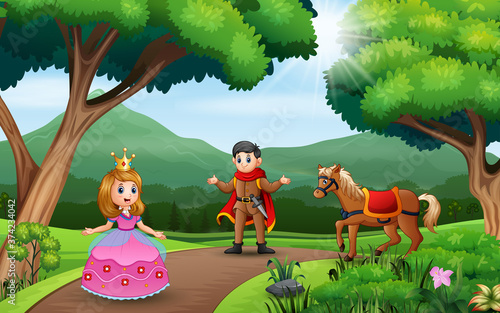 Cartoon a couple prince and princess playing in the nature landscape