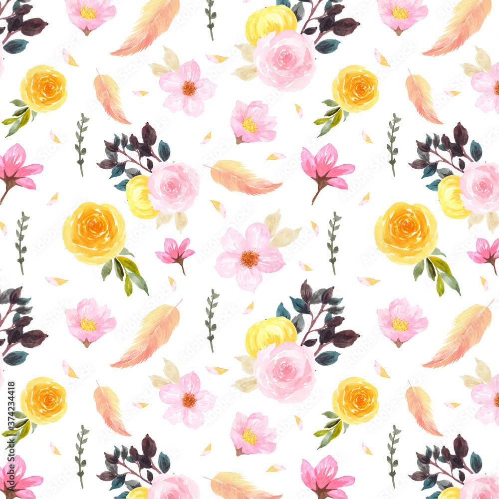 colorful floral seamless pattern with gorgeous feather
