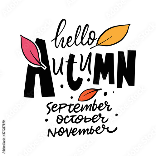 Hello Autumn. September, october and november months. Black and white lettering phrase. Hand drawn calligraphy.