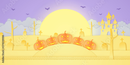 Halloween pumpkin head with castle, graveyard on the hill and super moon, paper art style
