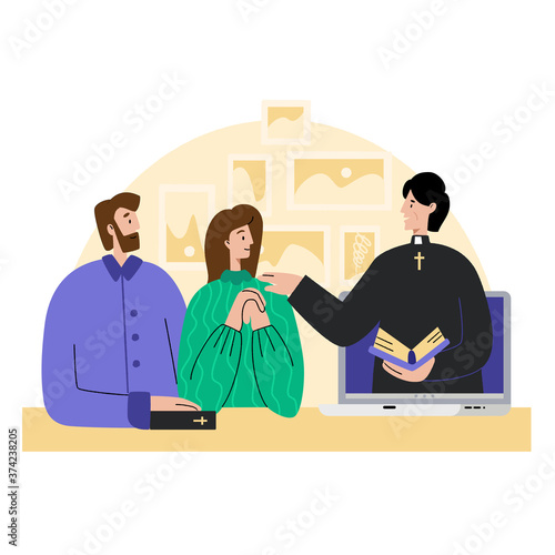  The priest talks to young people through a laptop. The pastor conducts church services online. Concept Church and Liturgy online. Internet Church.