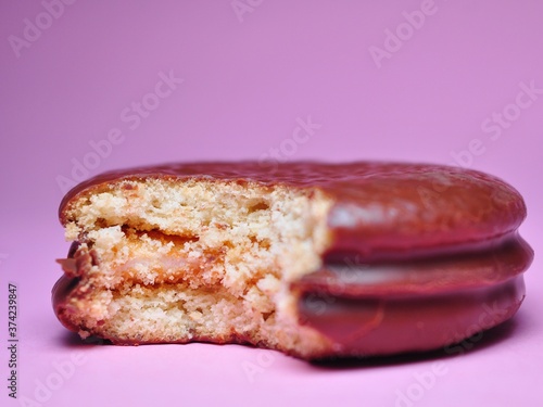 Choco Pie Chocolate isolated on pink background. Choco Pie coated snack