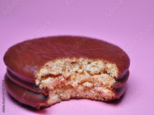 Choco Pie Chocolate isolated on pink background. Choco Pie coated snack