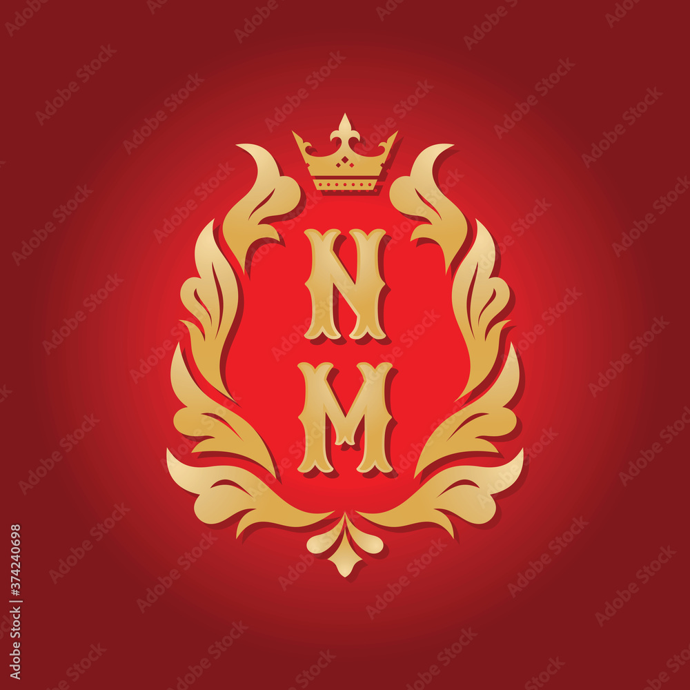 Fototapeta premium Monogram NM letters - concept logo template design. Crest heraldic luxury emblem. Golden leaves and crown. Initials N & M. Vector illustration.