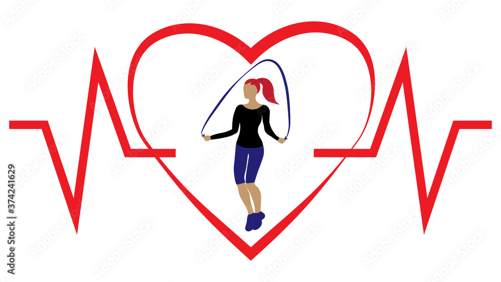 Cardio workouts with jumping rope, sport and healthcare concept, simple emblem, flat design, vector illustration. Cardio workouts with jumping rope, sport and healthcare concept, simple emblem, flat design, vector illustration.