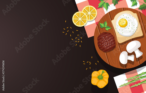 Φωτογραφία Egg Bread Meat on Cooking Table Kitchen Backdrop Illustration