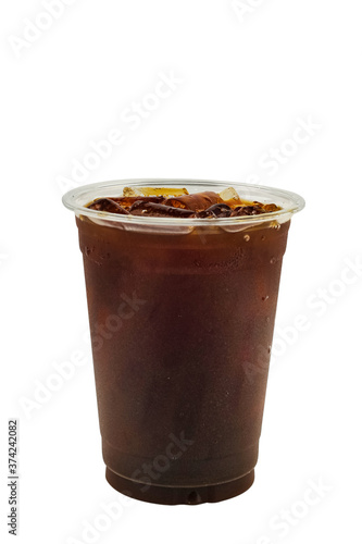 Isolated di cut Iced plastic cup of Black coffee on white background. Blank background Iced coffee name Americano or Espresso. Mock up for design or create virtual realistic product for presentation.