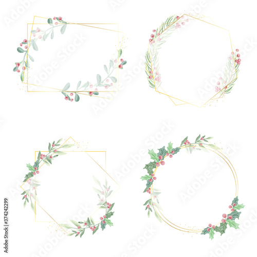 watercolor christmas leaf and red berry wreath with golden frame glitter collection