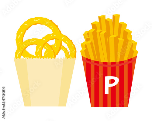 オニオンリングとフライドポテトのベクターイラスト　フレンチフライ