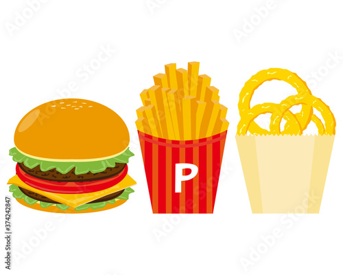 ハンバーガーとフライドポテトとオニオンリングのベクターイラスト　