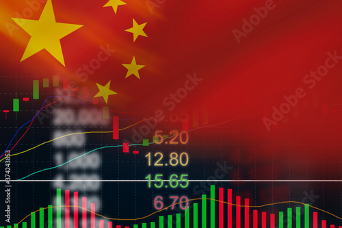 China Stock market analysis forex indicator trading graph with Chinese flag. Stock exchange chart business growth finance money crisis economy coronavirus 2020