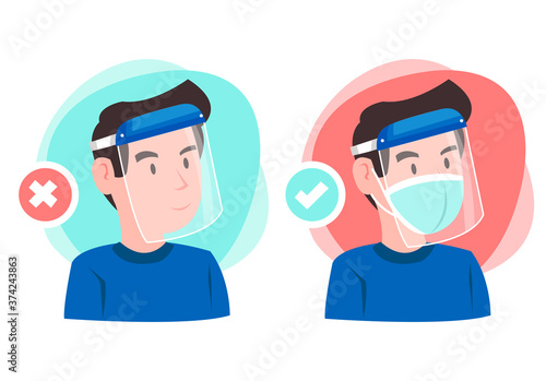 Use the face shield correctly. An example of using a face shield. A teenage boy is giving an example of using a face shield correctly