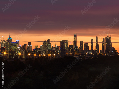 The skyline of the beautiful city of Melbourne shot at sunset