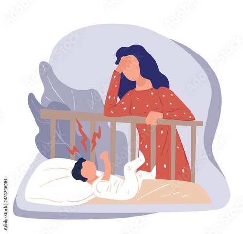Postnatal depression, stressed woman standing by crib vector