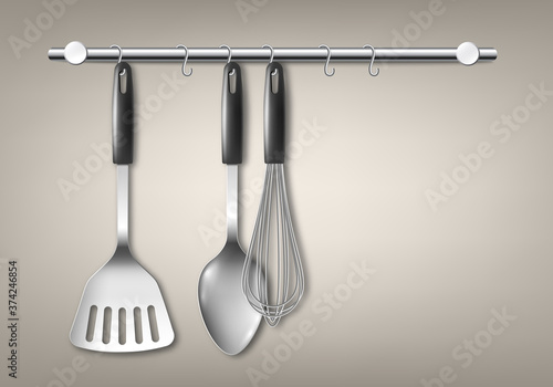 Kitchen cooking utensils or implements realistic vector illustration isolated.