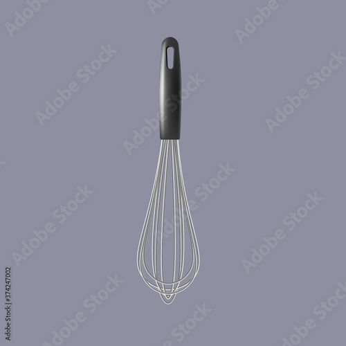 Realistic metal whisk with black handle - kitchen whisking equipment tool.