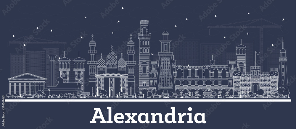 Outline Alexandria Egypt City Skyline with White Buildings.