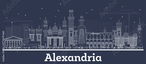 Outline Alexandria Egypt City Skyline with White Buildings.