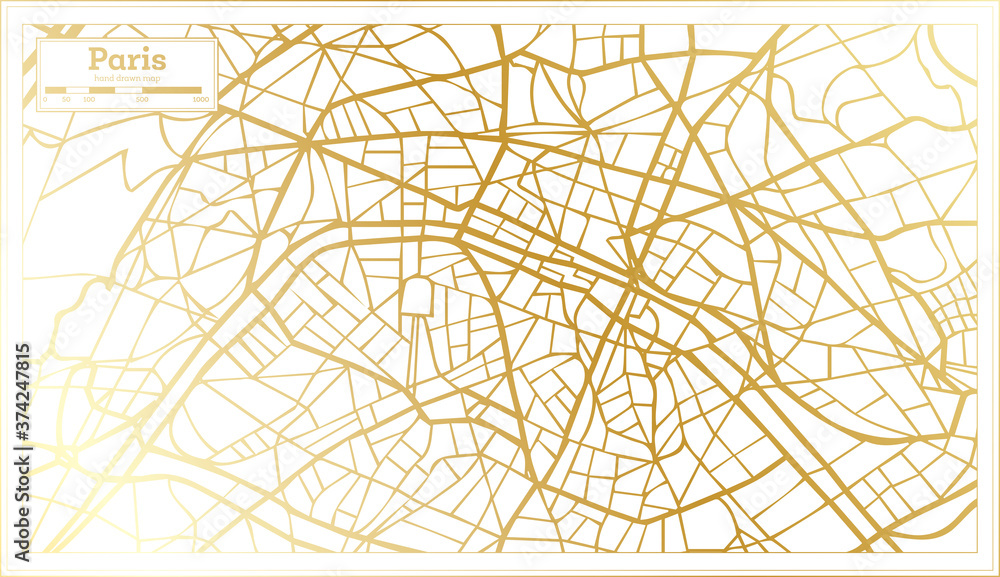 Paris France City Map in Retro Style in Golden Color. Outline Map.